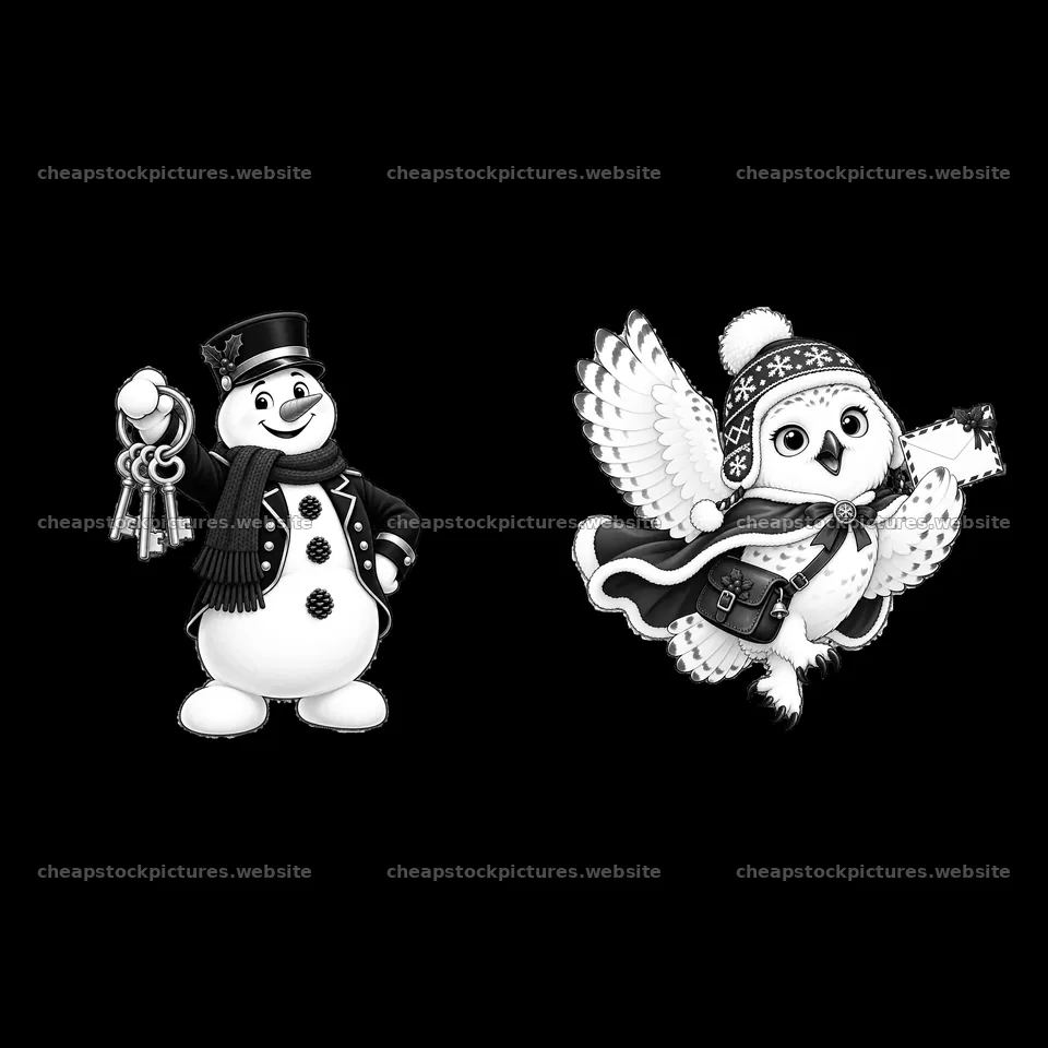 Snowman with keys and owl holding a gift in Christmas villa – stock pictures 7746x7746