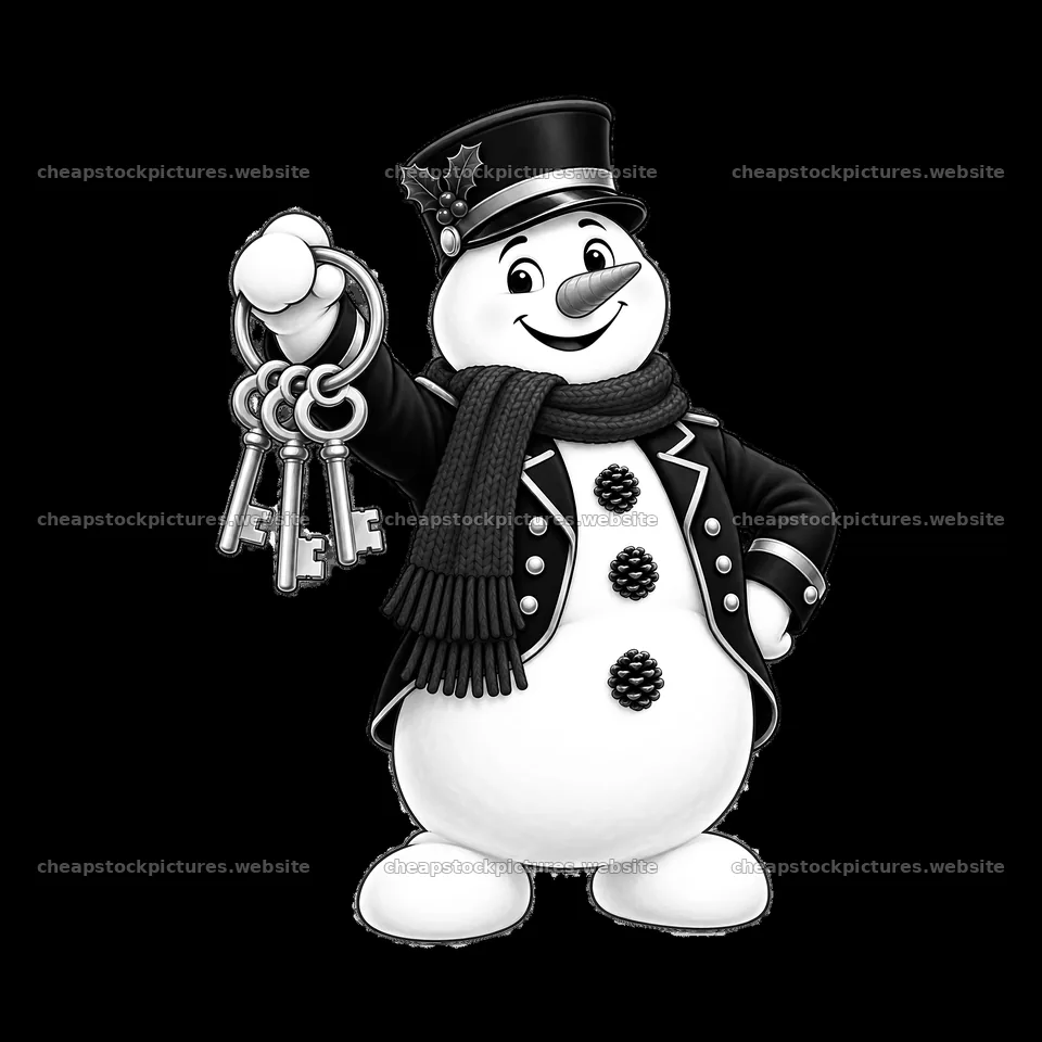 Snowman character holding keys in a Christmas setting – stock pictures 7746x7746