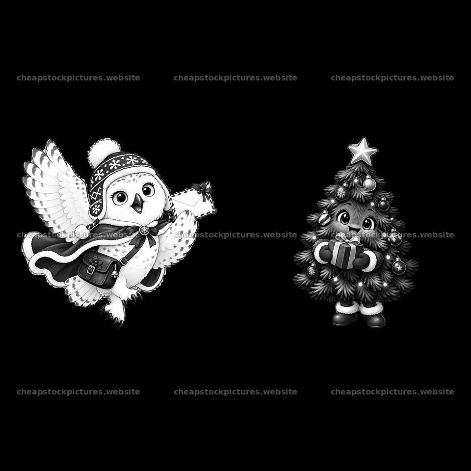 Owl delivering a gift with a Christmas tree – stock pictures 7746x7746